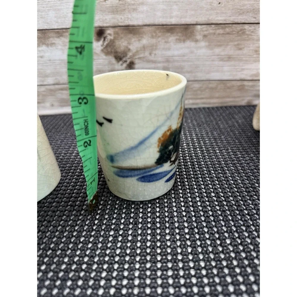 1940 Japanese Ceramic Pitcher 6 Tumbler Set Hand Painted Village Scene Showa VTG